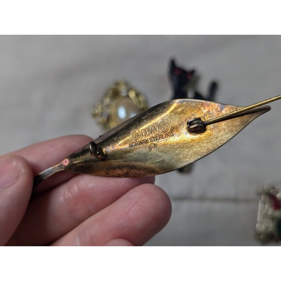 Lot Of 4 Vintage Pins Black Cat Fly Bee Leaf Cabochon Norway Sterling - Picture 15 of 16